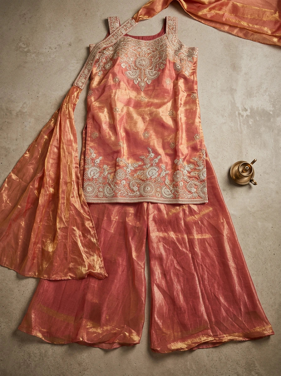 Flat lay of peach tissue silk embroidered top, flared sharara bottoms and matching dupatta.