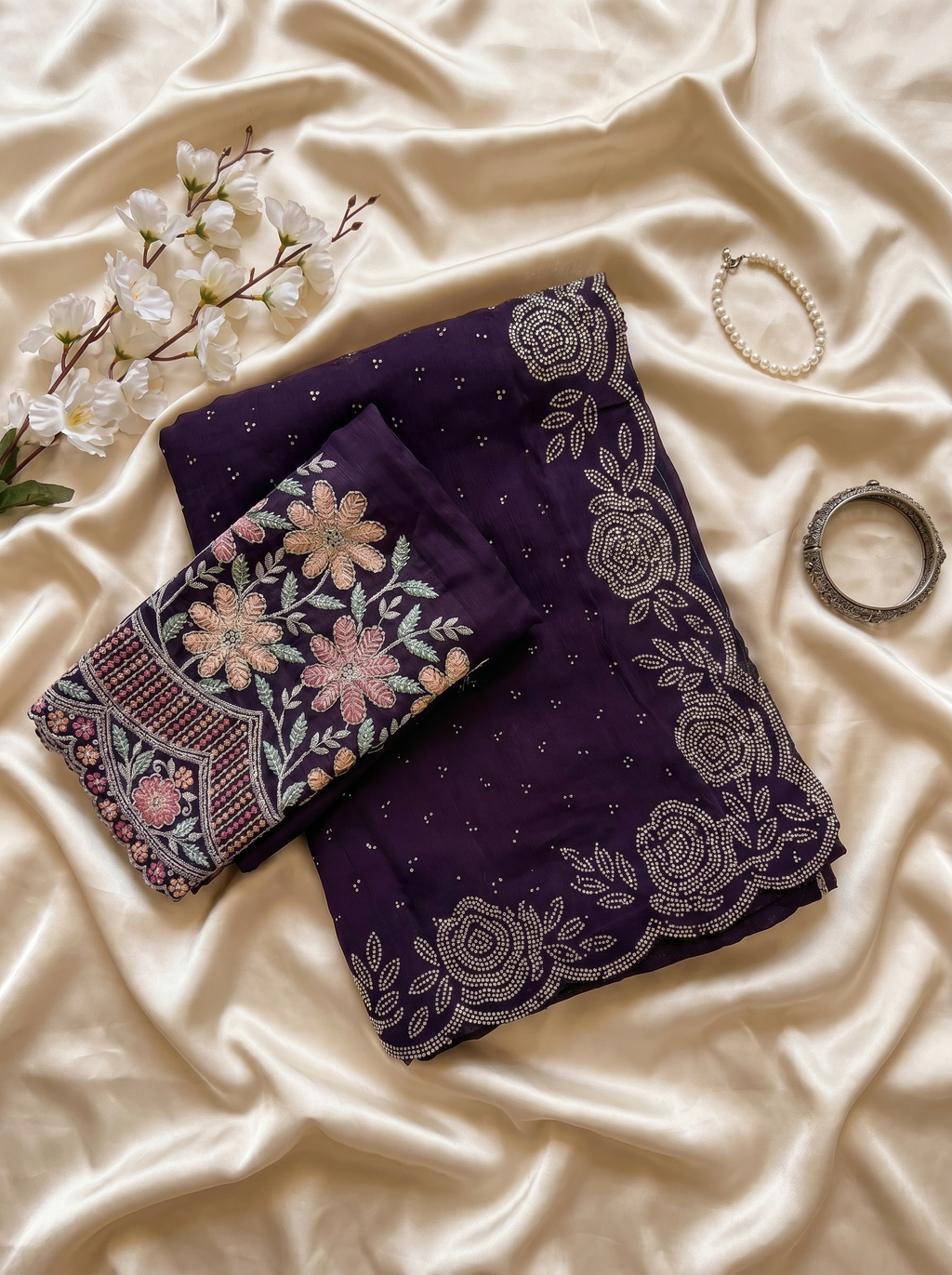 Purple Stone Work Saree with Silver Floral Border