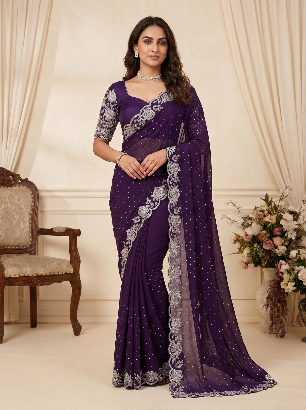 Purple Stone Work Saree with Silver Floral Border